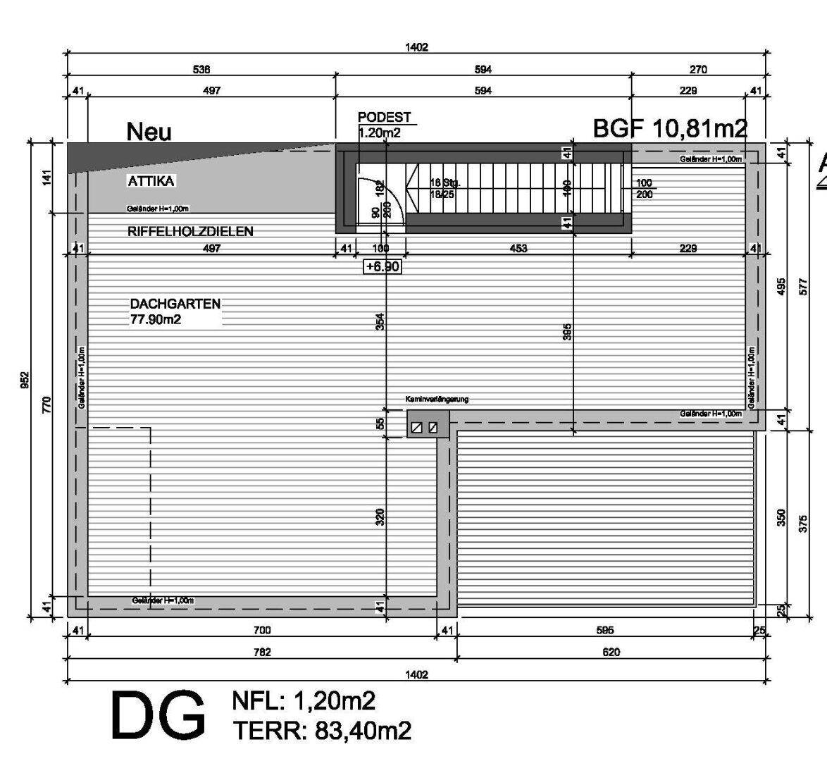 Grundriss des Dachgeschosses mit großem Dachgarten und begehbarer Terrasse.
