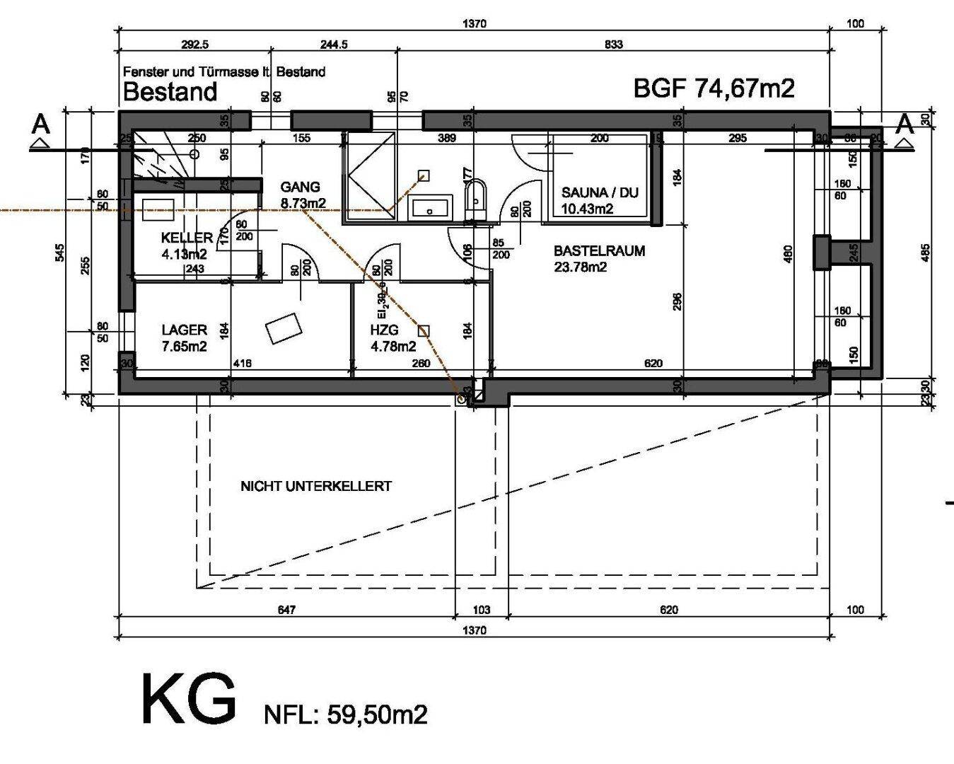 Grundriss des Kellergeschosses mit Sauna, Lager- und Technikräumen.