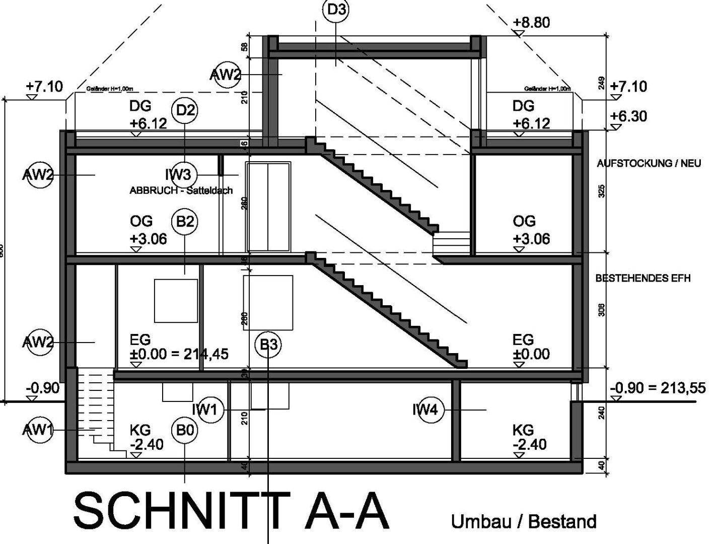 Gebäudeschnitt A-A zeigt die vertikale Struktur über mehrere Etagen mit Treppenhaus.