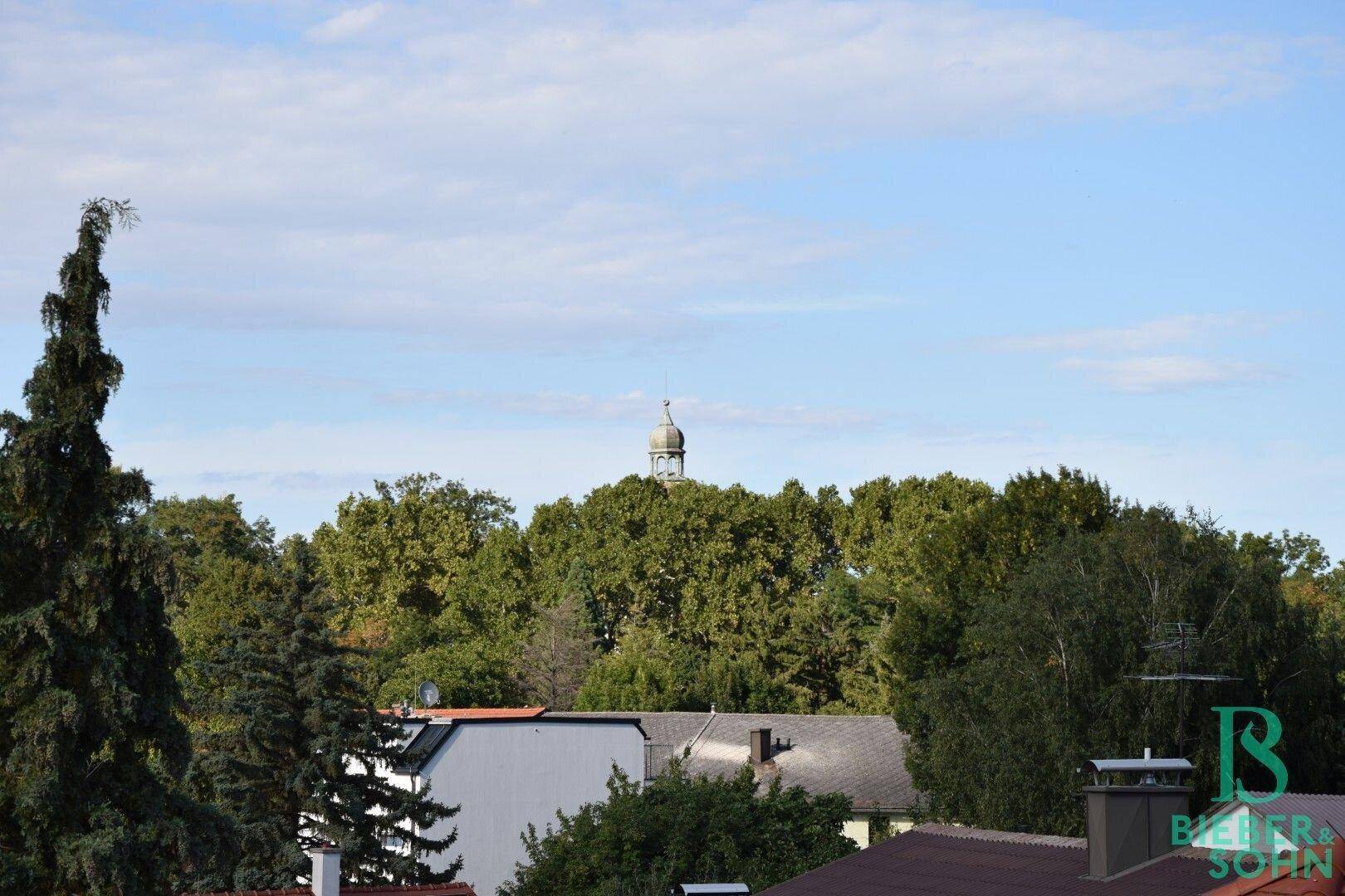 Distanter Blick auf ein Gebäude mit Kuppeldach, umgeben von üppigem Grün unter blauem Himmel.