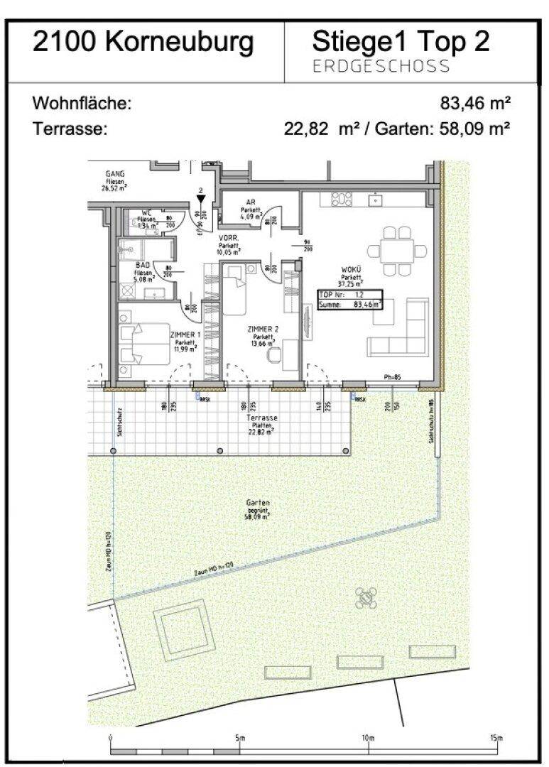 Grundriss einer Erdgeschosswohnung mit offener Wohnküche, Terrasse und privatem Garten.
