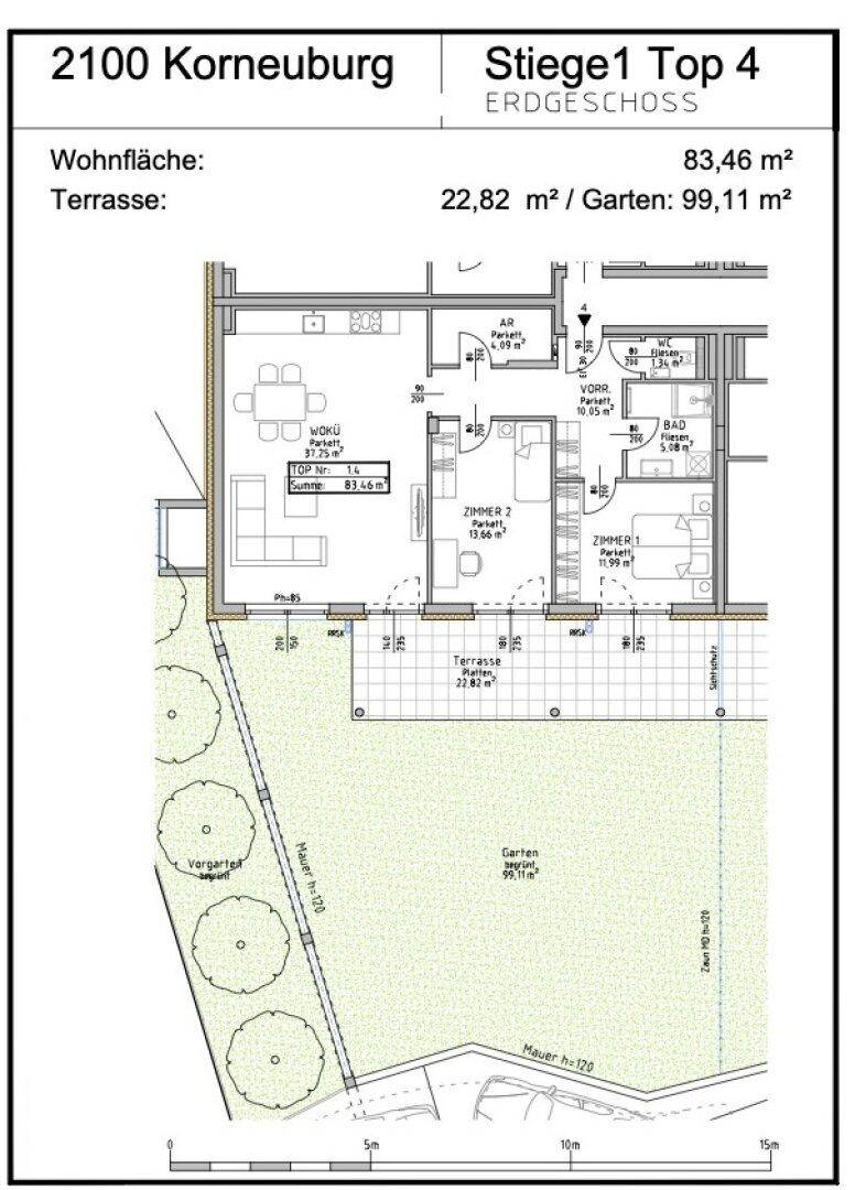 Grundriss einer Erdgeschosswohnung mit offenem Wohnbereich, zwei Zimmern, Terrasse und großem Garten.