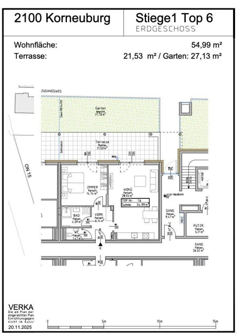 Grundriss einer Erdgeschosswohnung in Korneuburg mit Terrasse und Gartenanteil.