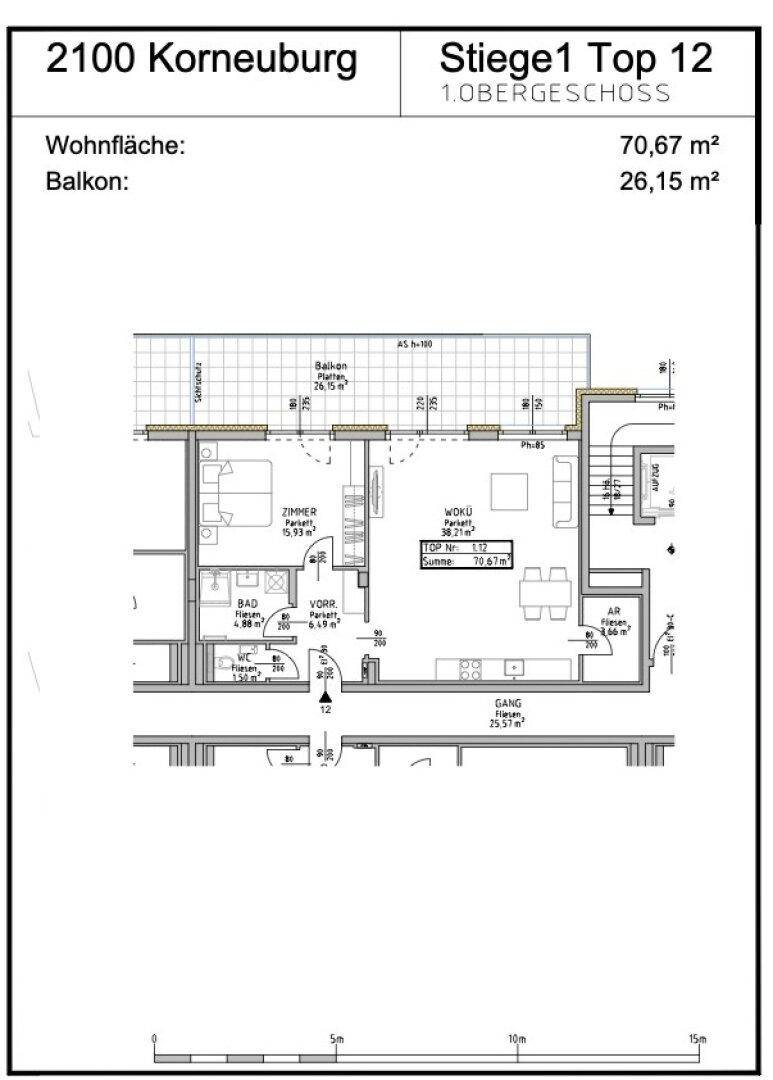 Grundriss der Wohnung Top 12 im 1. Obergeschoss mit Wohnfläche und Balkon.