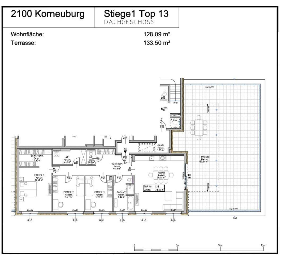 Grundriss einer Dachgeschosswohnung mit großzügiger Terrasse und offenem Wohnbereich.