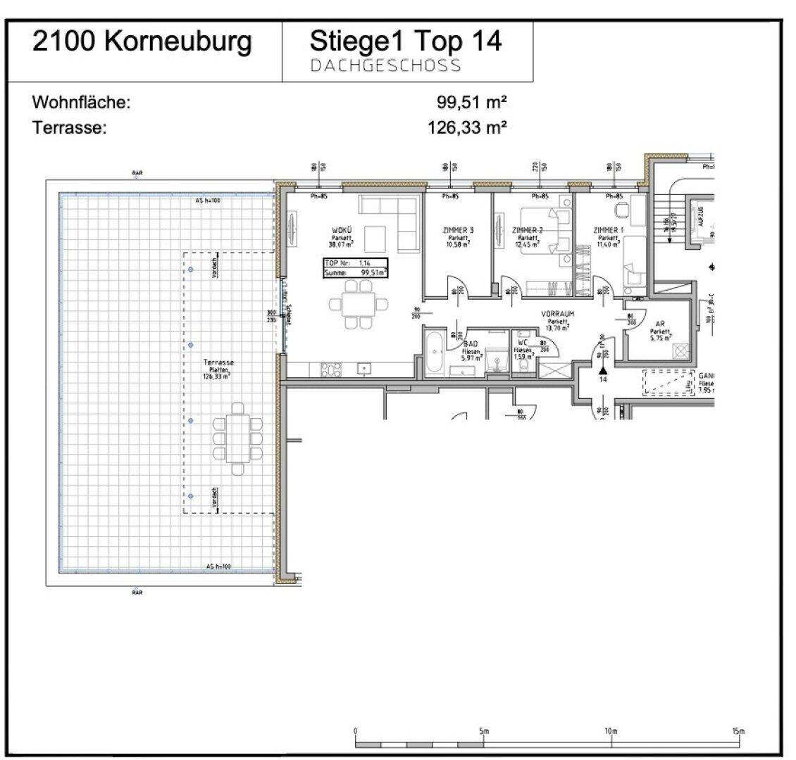 Grundriss einer Dachgeschosswohnung mit großzügiger Terrasse und offener Wohnküche.