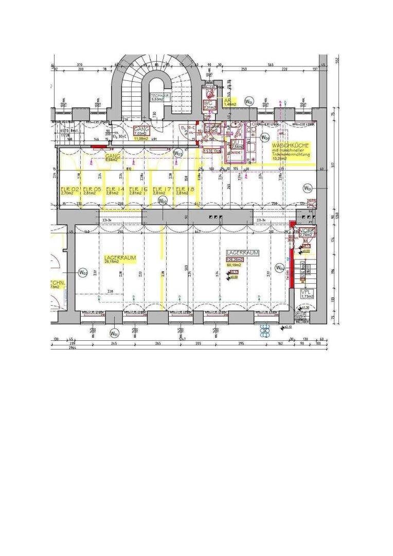 Detaillierter Grundriss des Untergeschosses mit Lagerraum, Waschküche und Treppenhaus.