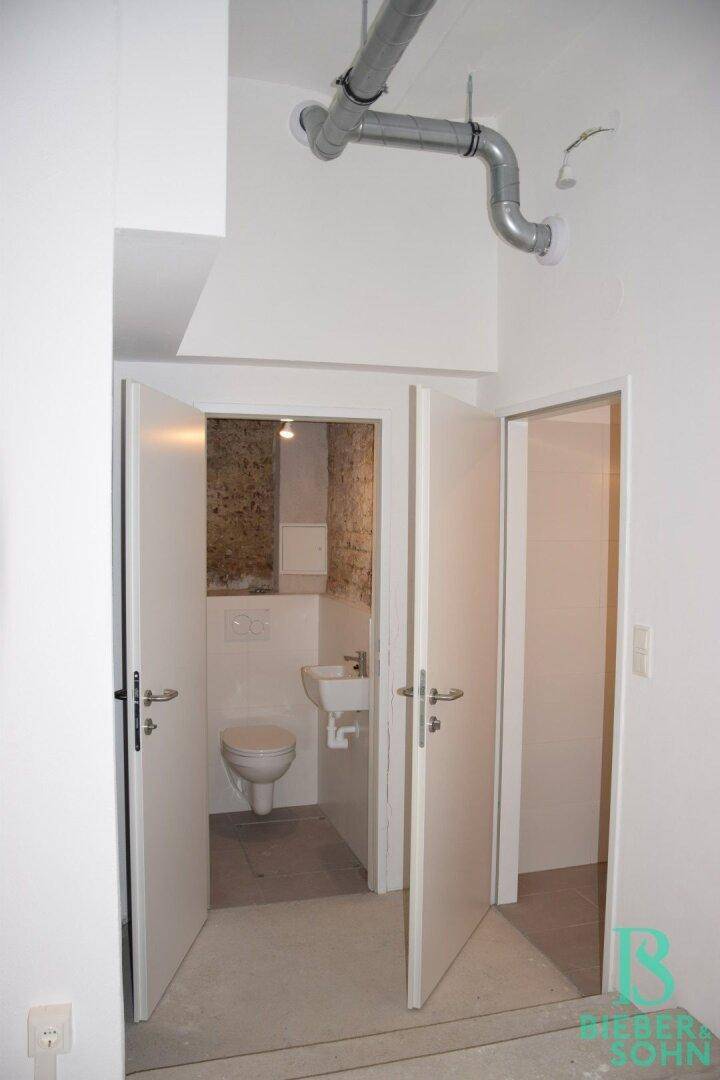 Eingangsbereich zu einer kleinen Toilette mit weißen Türen und sichtbaren Deckenrohren.