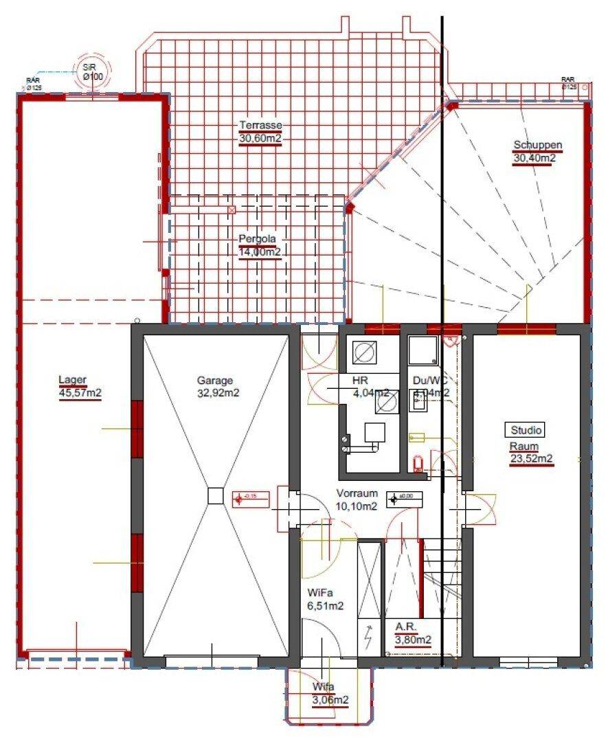 Grundriss des Erdgeschosses mit Garage, Lager, Studio, Terrasse und Pergola.