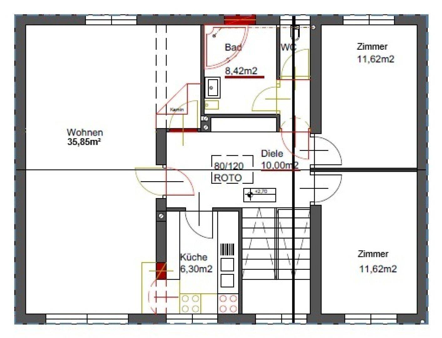 Grundriss des Obergeschosses mit Wohnzimmer, Küche, Bad und zwei weiteren Zimmern.