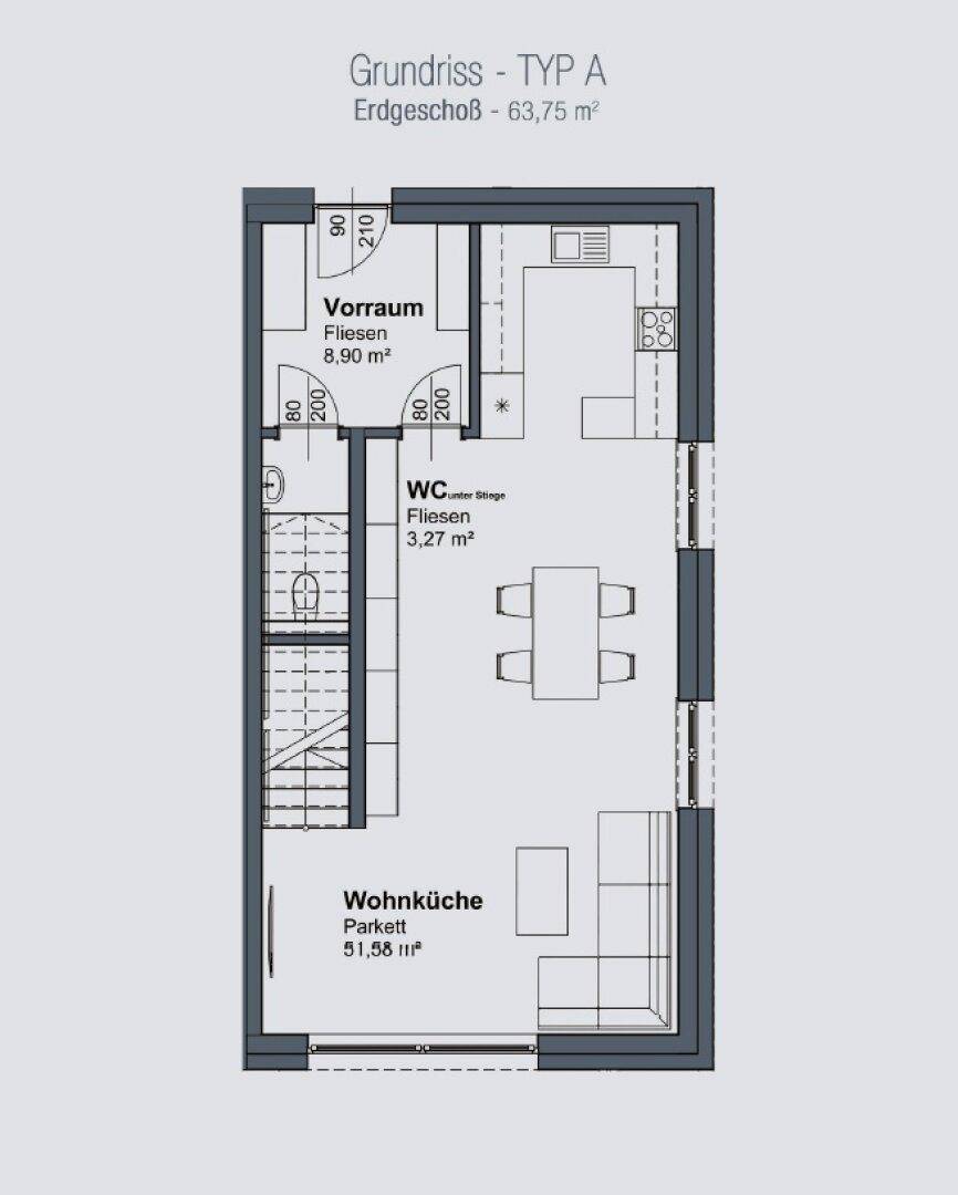 Grundriss Typ A Erdgeschoss mit Vorraum, WC und offener Wohnküche.