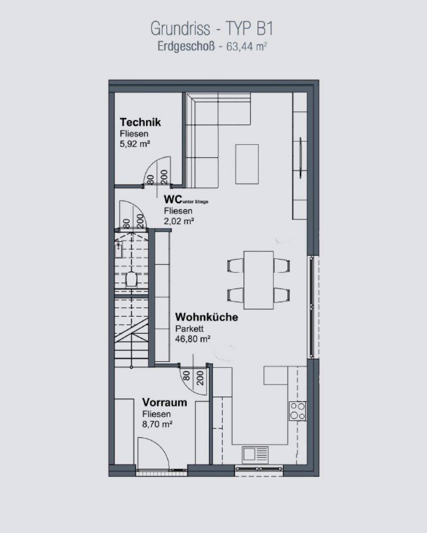 Grundriss Typ B1 Erdgeschoss mit Technikraum, WC, Wohnküche und Vorraum.