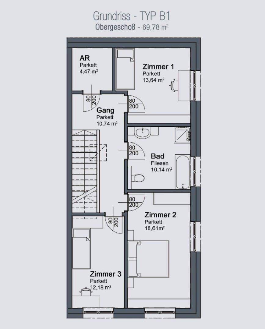 Grundriss Typ B1 Obergeschoss mit drei Schlafzimmern, Bad und Abstellraum.