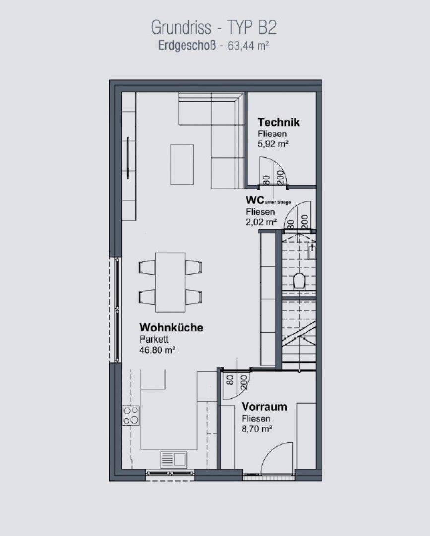 Grundriss Typ B2 Erdgeschoss mit Technikraum, WC, Wohnküche und Vorraum.