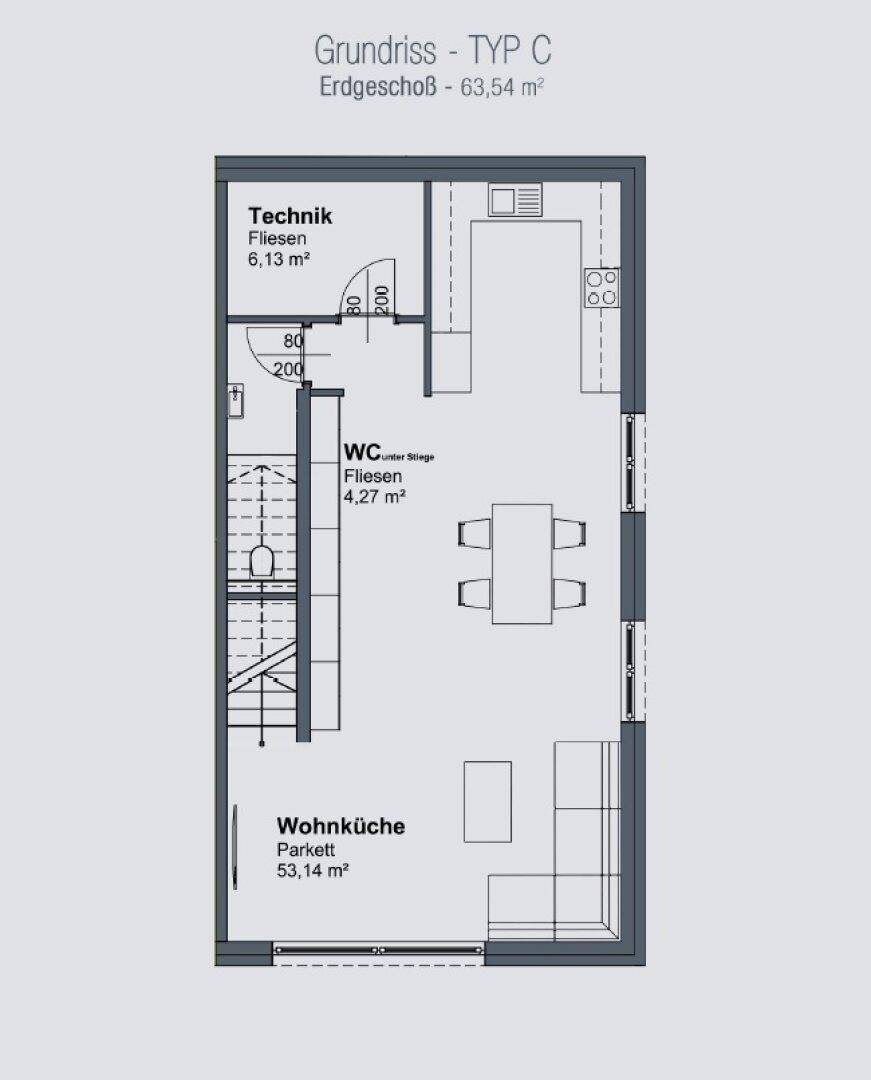 Grundriss des Erdgeschosses mit offener Wohnküche, separatem WC und Technikraum, mit Parkett- und Fliesenböden.