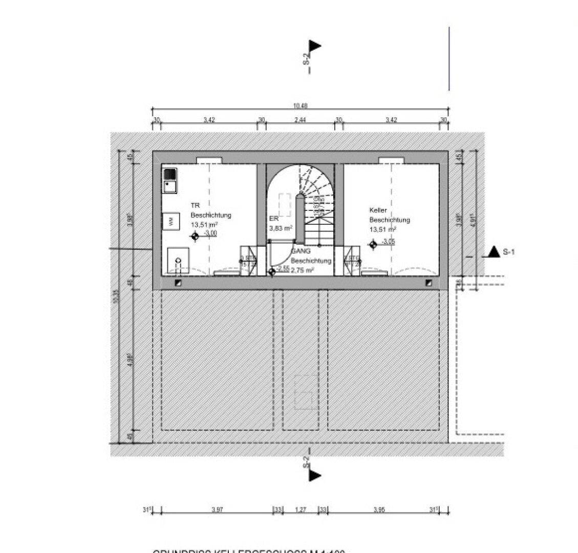 Grundriss des Kellergeschosses mit Abstellräumen und Treppenaufgang.