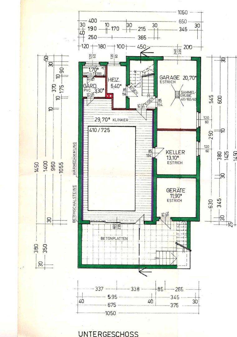 Grundriss des Untergeschosses mit Garage, Keller und Heizraum.