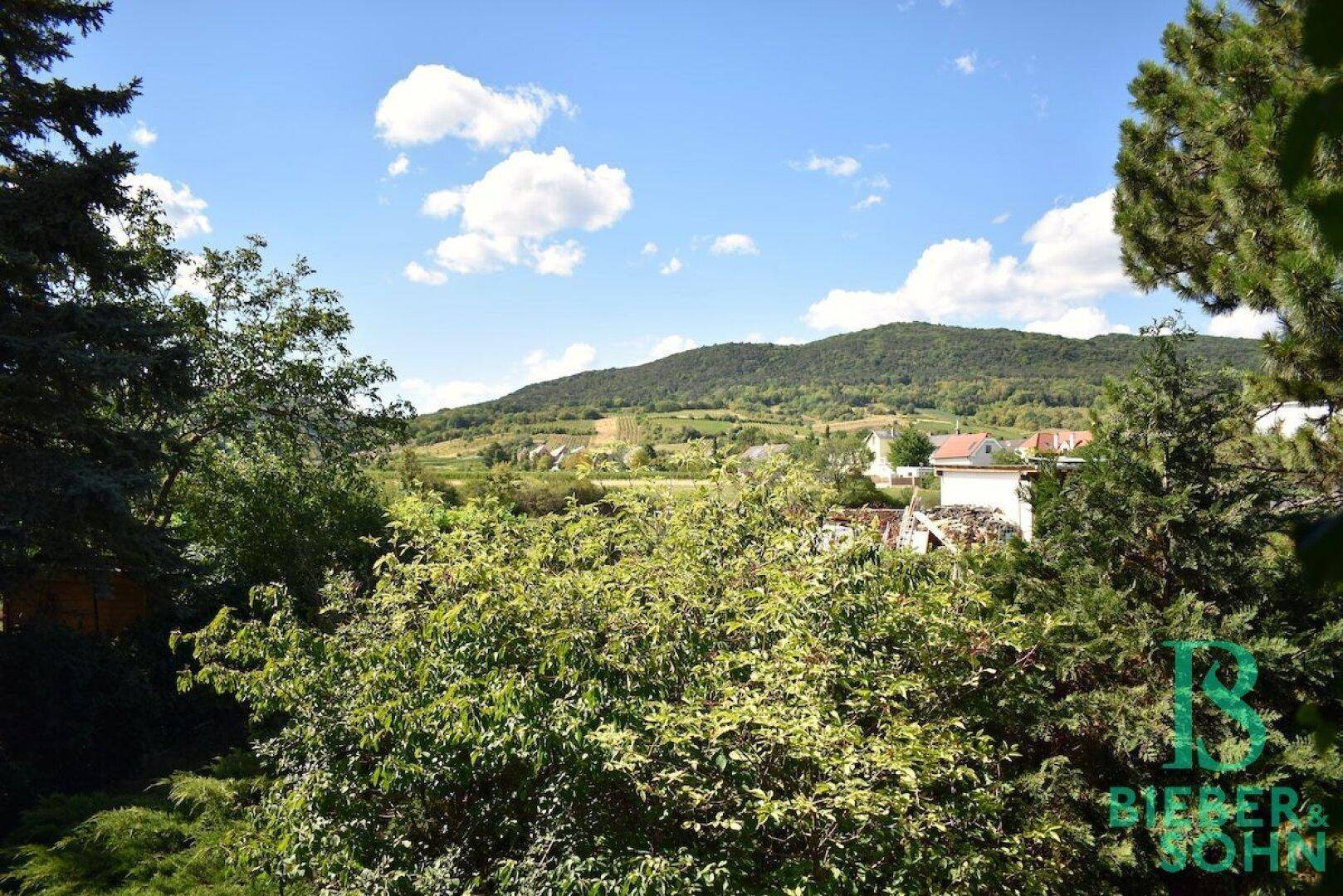 Weitläufiger Blick auf die umliegende Hügellandschaft und grüne Natur.