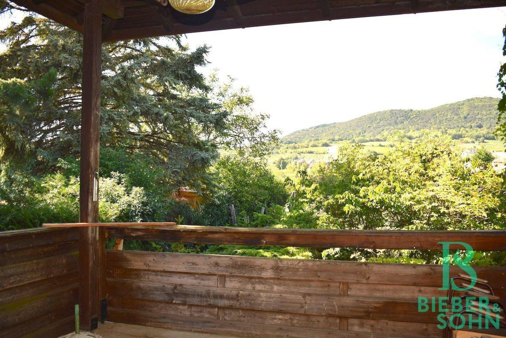 Überdachter Balkon mit Holzboden und weitem Blick auf die grüne Hügellandschaft.