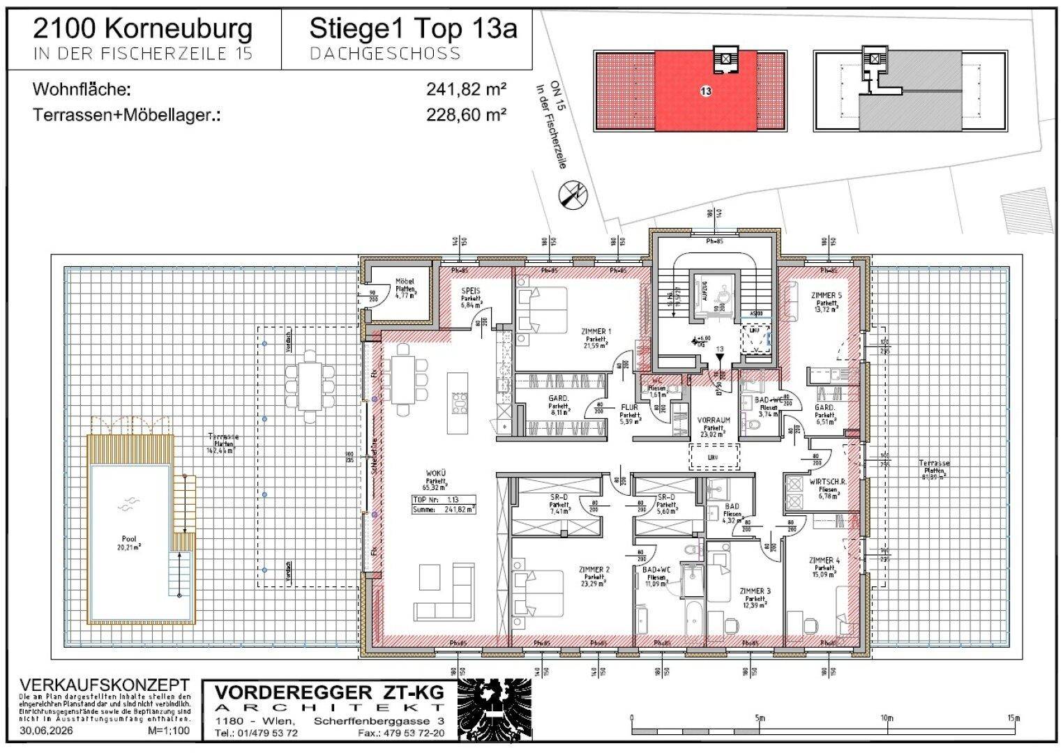 Grundrissplan einer Dachgeschosswohnung mit großzügiger Terrasse, privatem Pool und mehreren Zimmern.