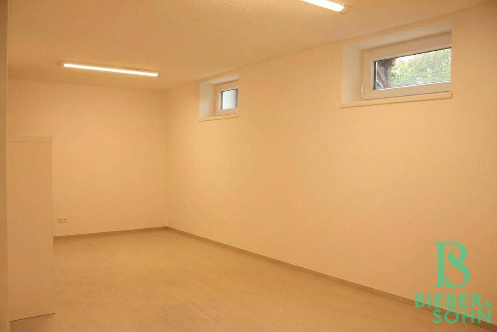 Geräumiger Kellerraum mit hellen Wänden, zwei Fenstern und funktionalem Bodenbelag.