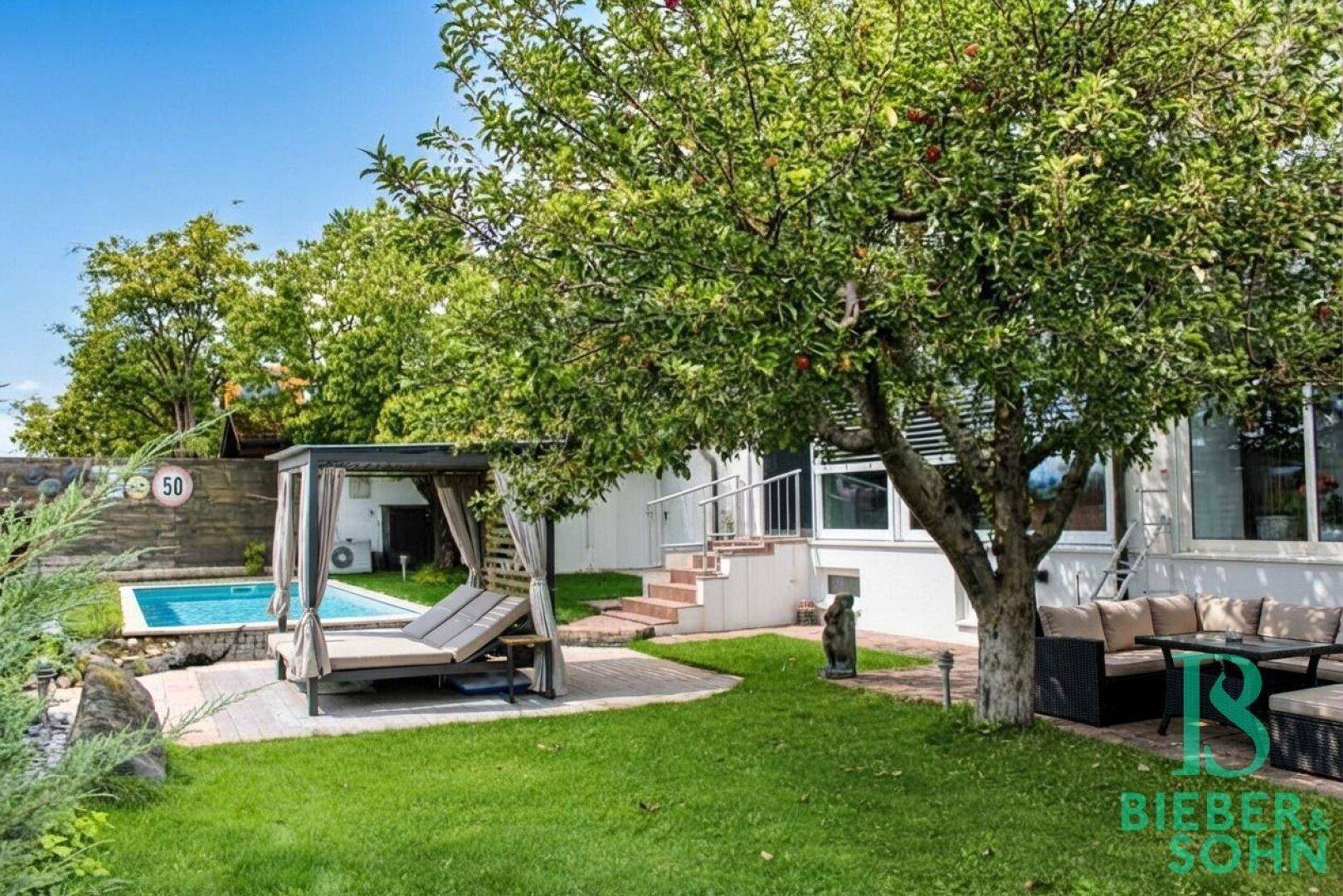 Großer Garten mit Pool, Liegebereich und Obstbaum unter strahlendem Himmel.