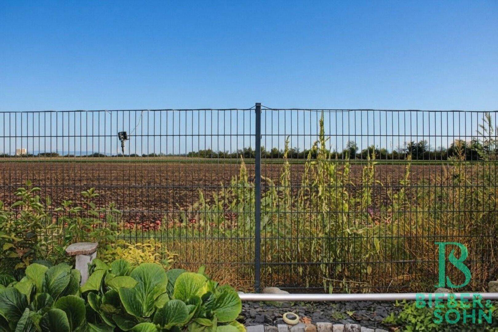 Blick über einen Zaun auf weite Felder und die ländliche Umgebung.