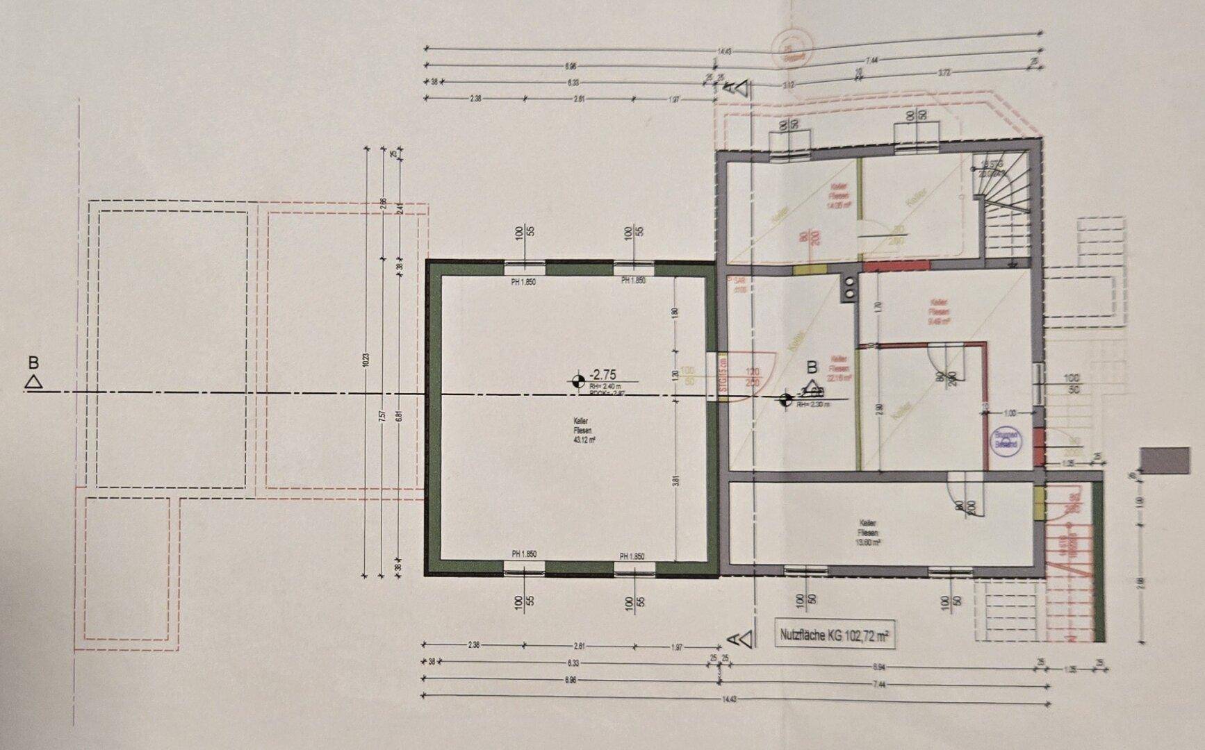 Grundriss des Kellergeschosses mit Technikraum und zusätzlichen Abstellflächen.