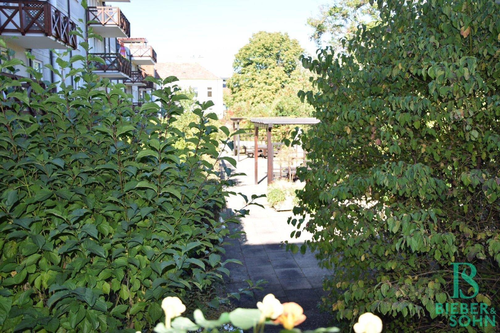 Gepflegter Gemeinschaftsgarten mit Wegen und üppigem Grün, ideal zum Entspannen im Freien.