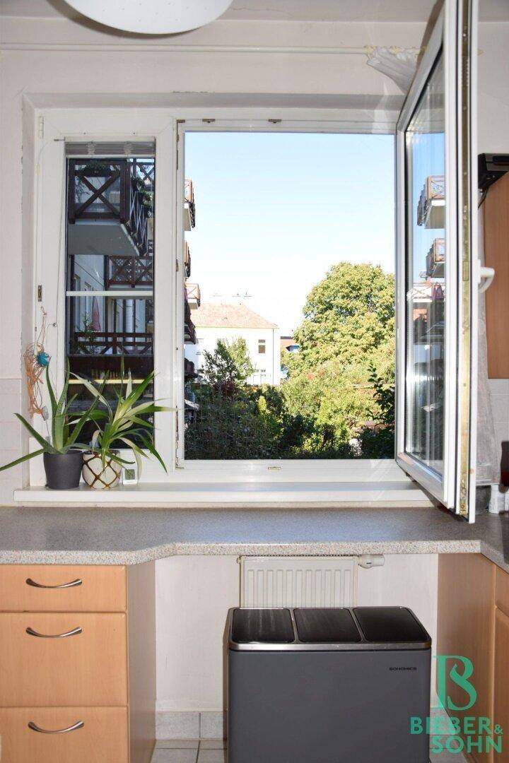 Küchenfenster mit Ausblick auf umliegende Balkone und grüne Bäume, das viel Licht hereinlässt.