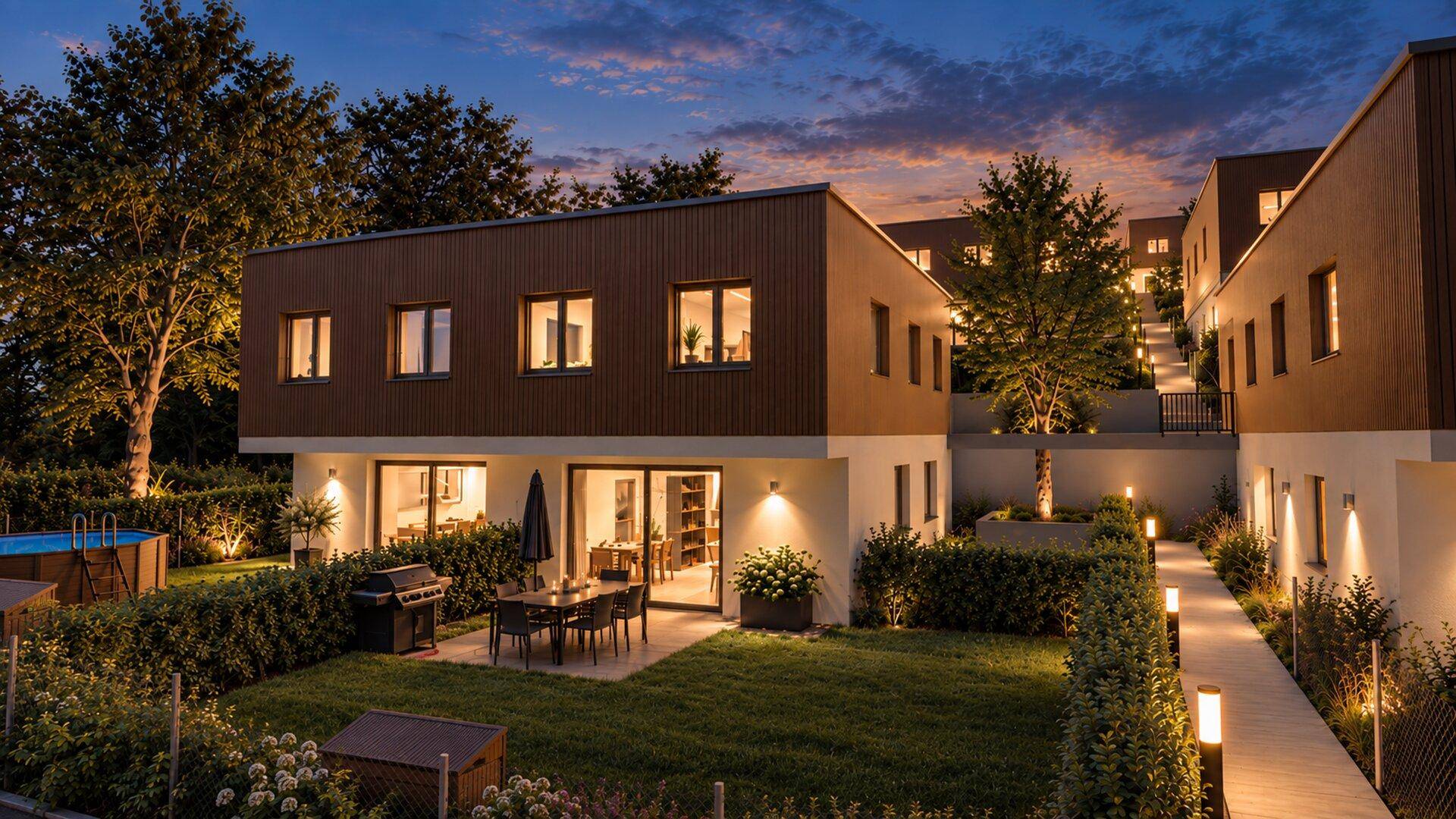 Moderne Reihenhäuser mit privatem Garten, möblierter Terrasse und Pool bei stimmungsvoller Abendbeleuchtung.