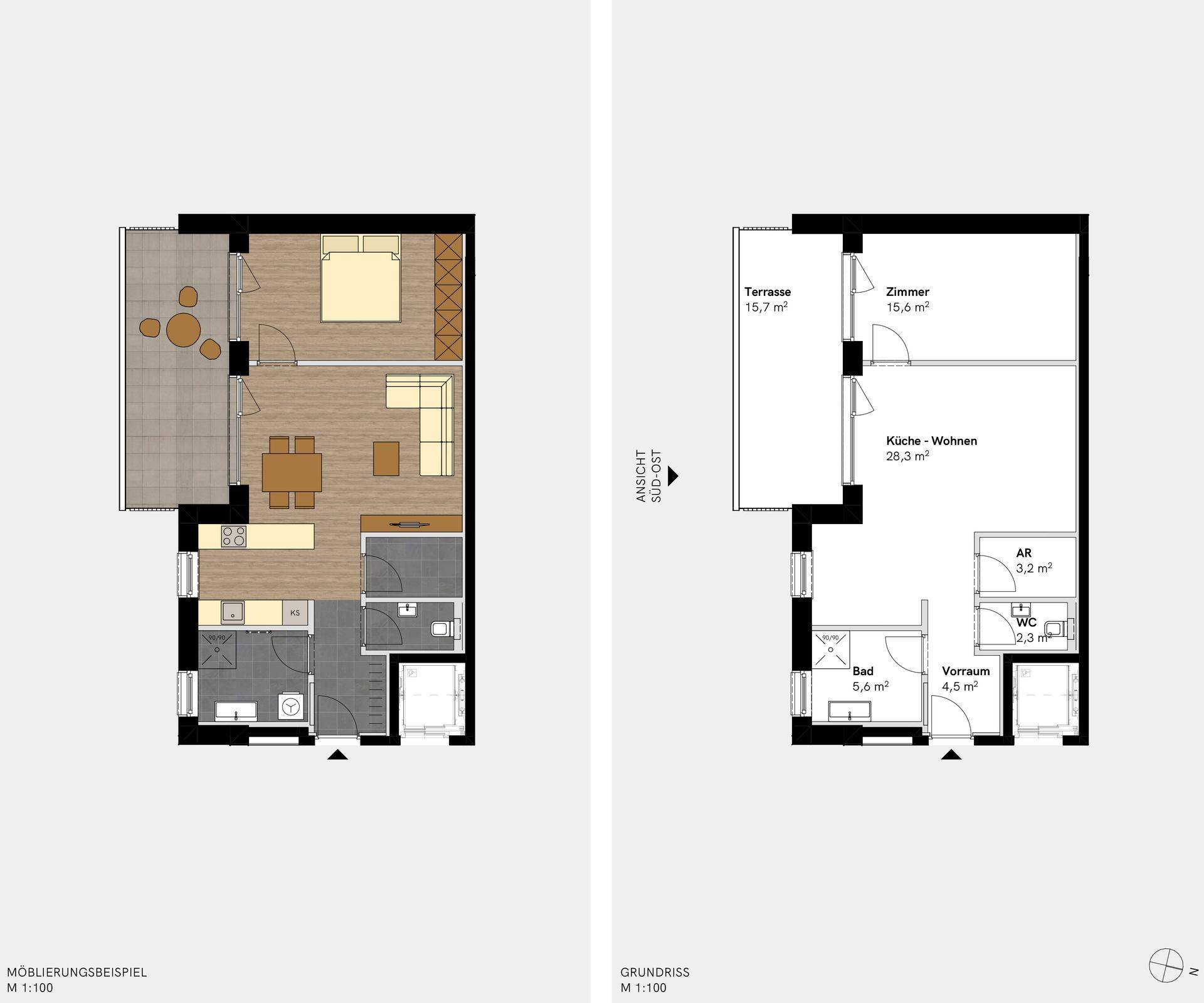 Grundriss einer Wohnung mit offener Küche, Wohnbereich, Schlafzimmer und Terrasse.