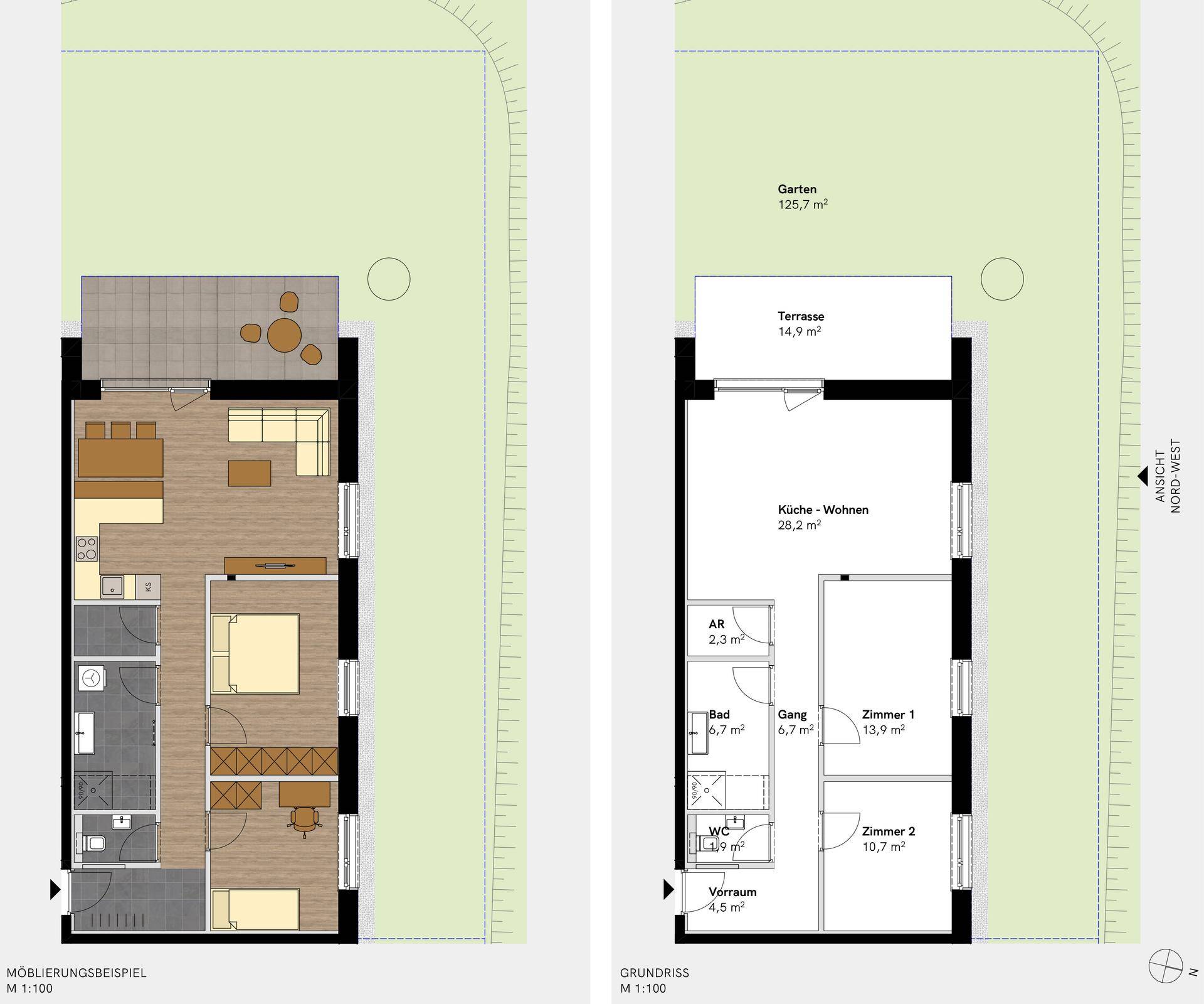 Grundriss einer Erdgeschosswohnung mit Terrasse, Garten und offenem Küche-Wohnbereich.