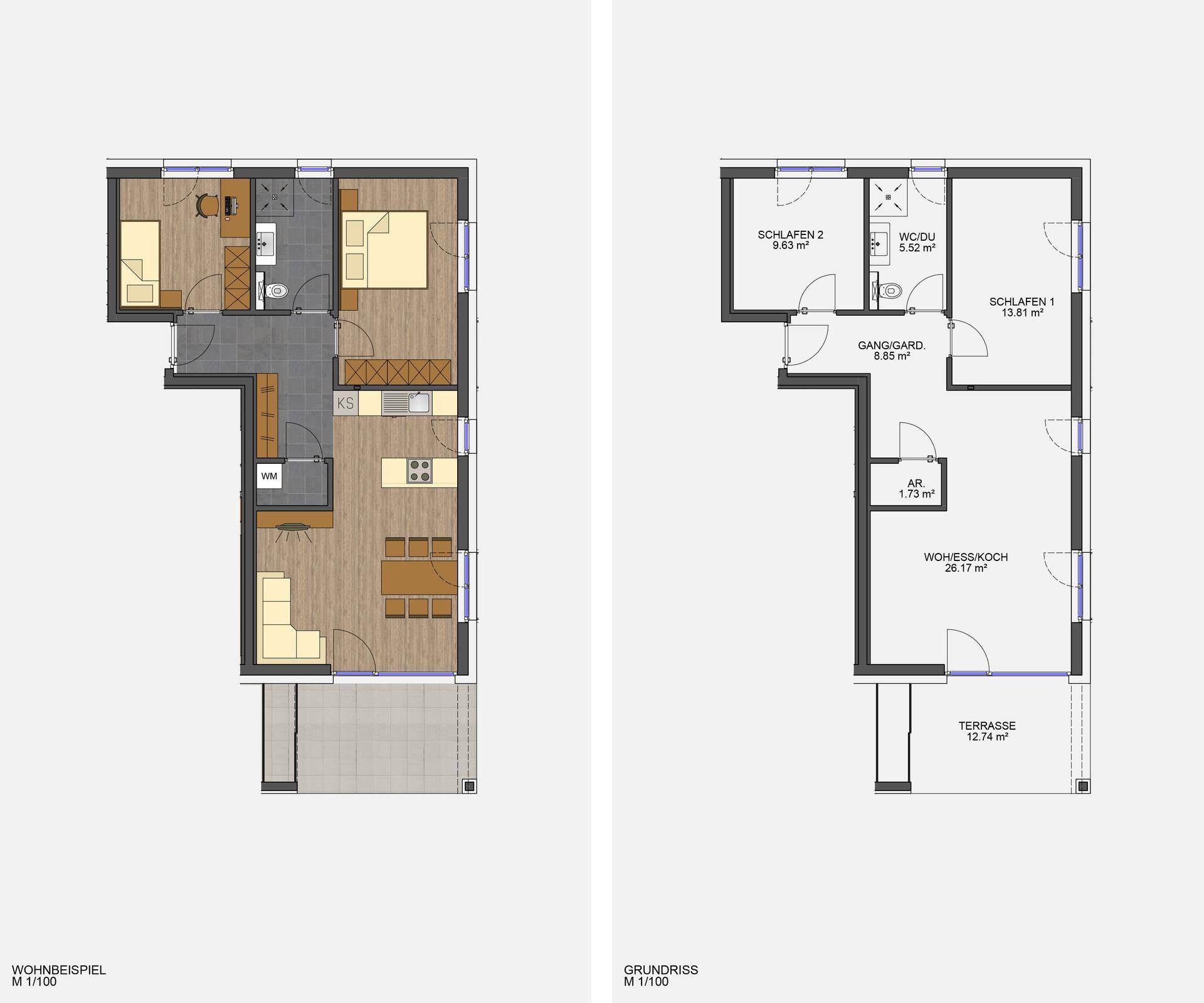 Zwei Grundrisse zeigen unterschiedliche Wohnbeispiele mit Schlafzimmern, Wohnküche und Terrasse.