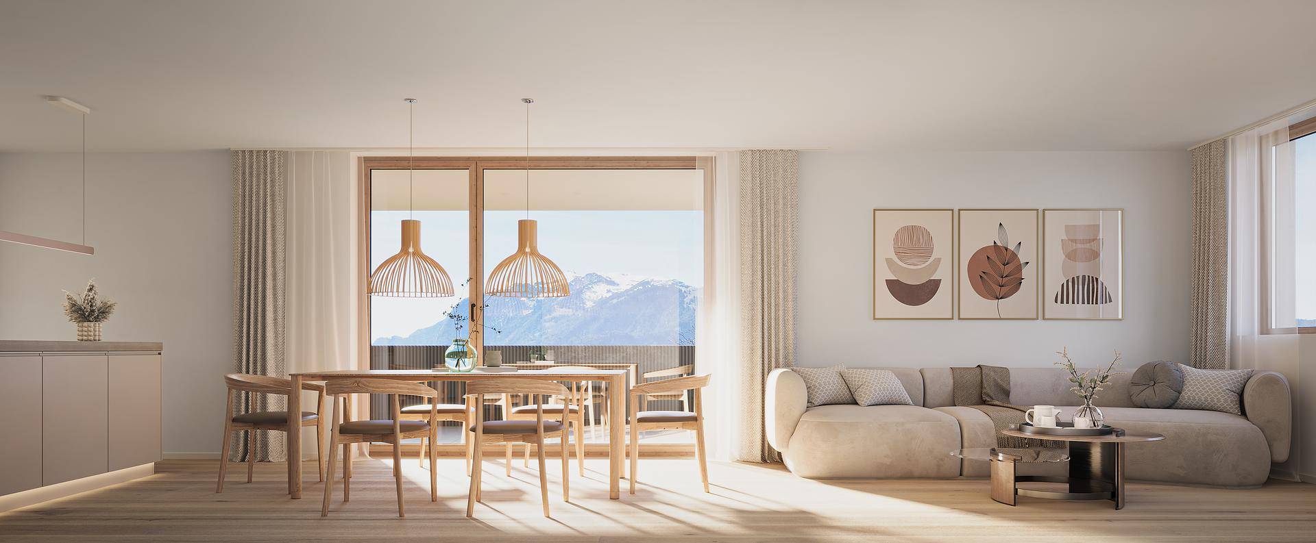 Heller Wohn-Essbereich mit Holztisch, bequemer Couch und großem Fenster mit Bergblick.