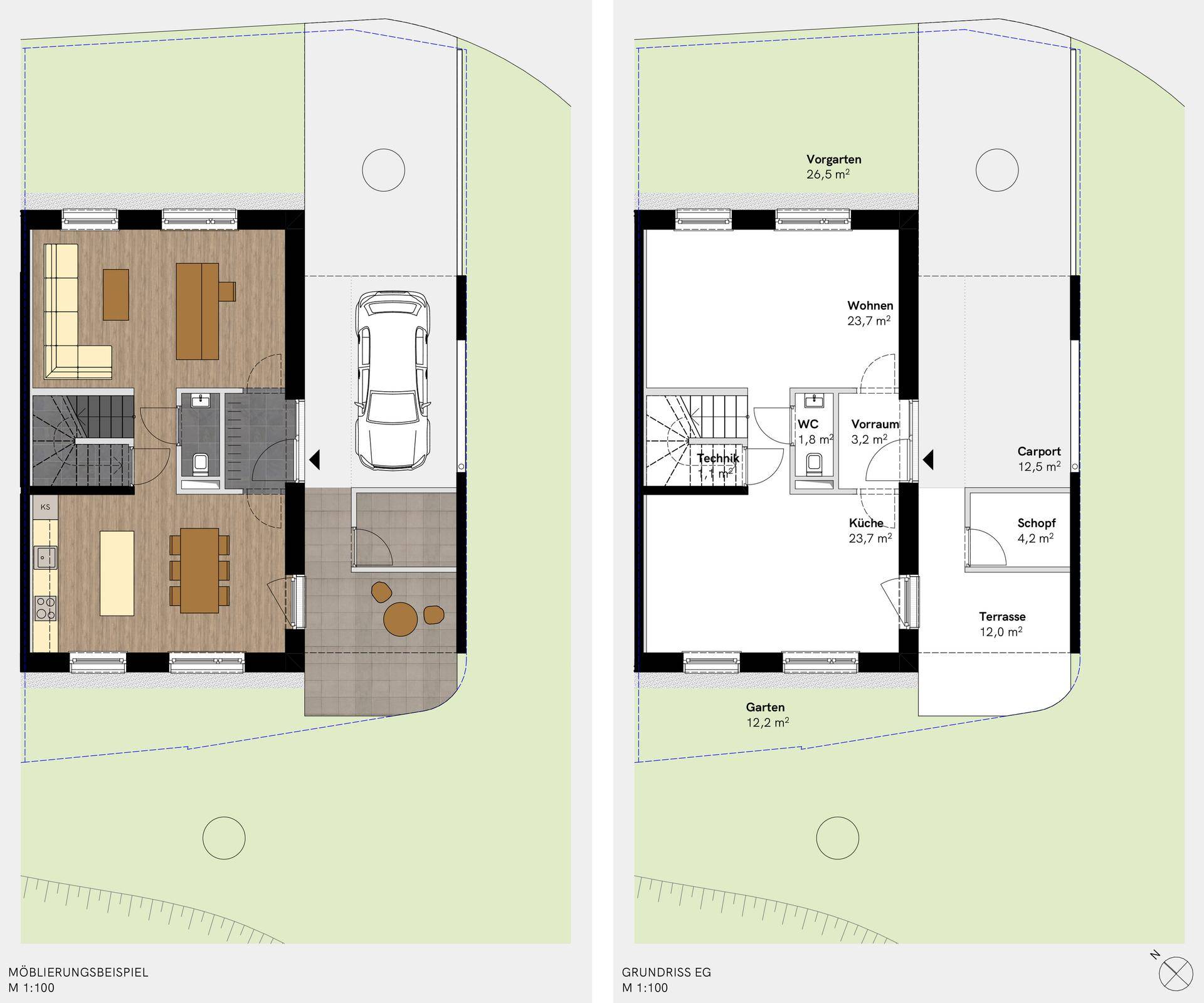 Grundriss des Erdgeschosses mit Wohnbereich, Küche, Carport und Terrasse.