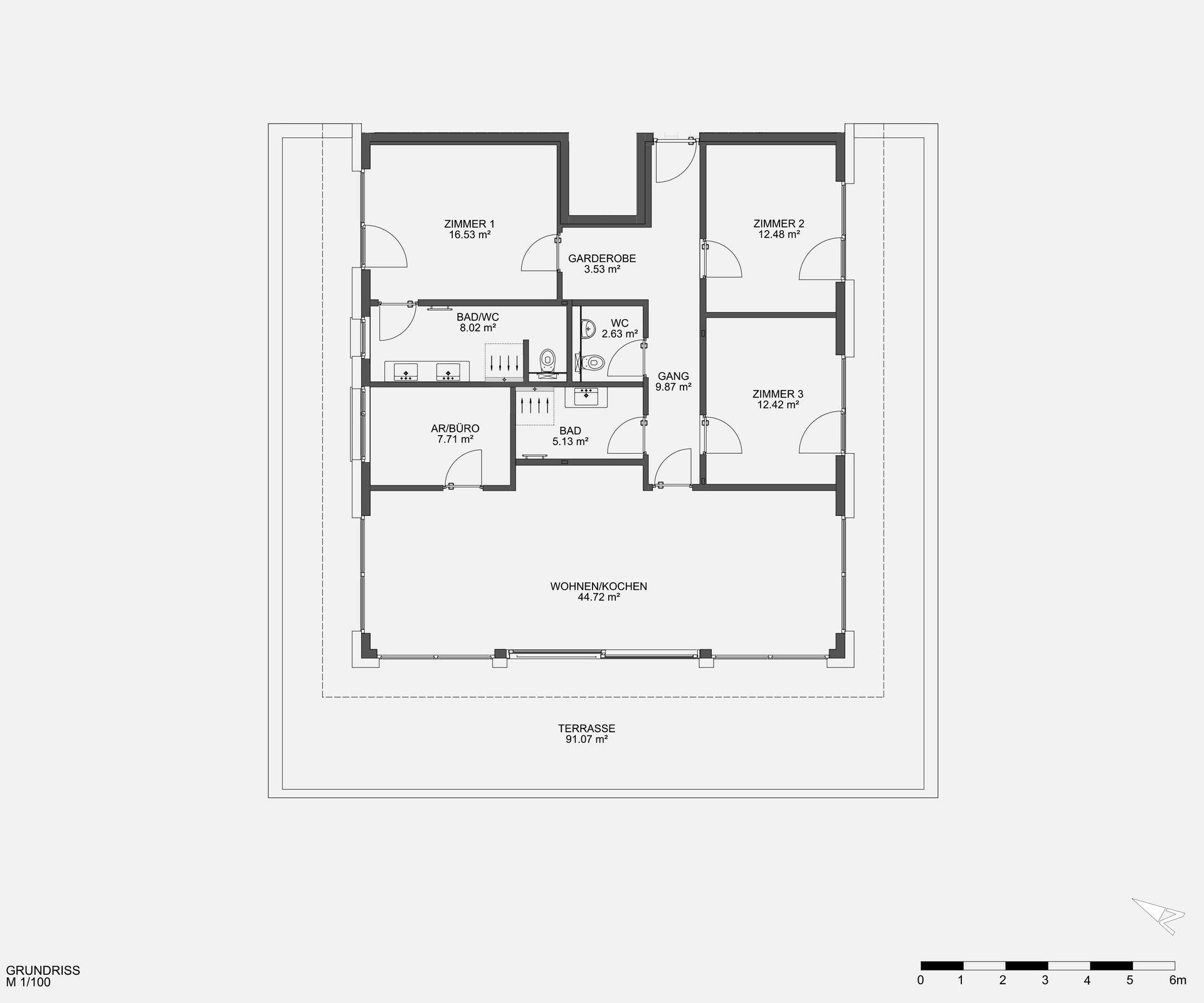 Grundriss einer Wohnung mit drei Zimmern, Wohnküche, Bad, WC und großer Terrasse.
