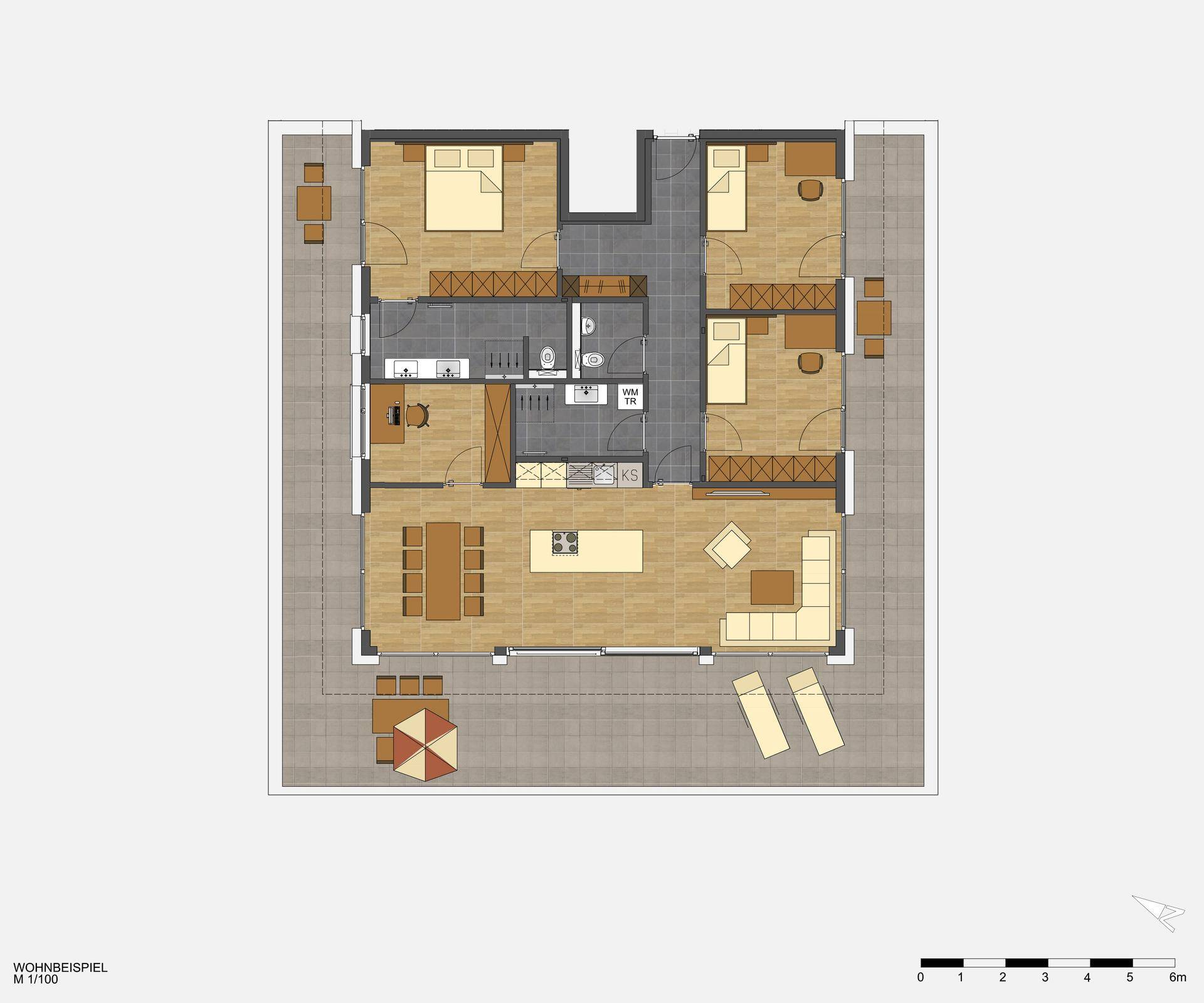 Möblierter Grundriss einer Wohnung mit drei Zimmern, Wohnküche, Bad, WC und großer Terrasse.
