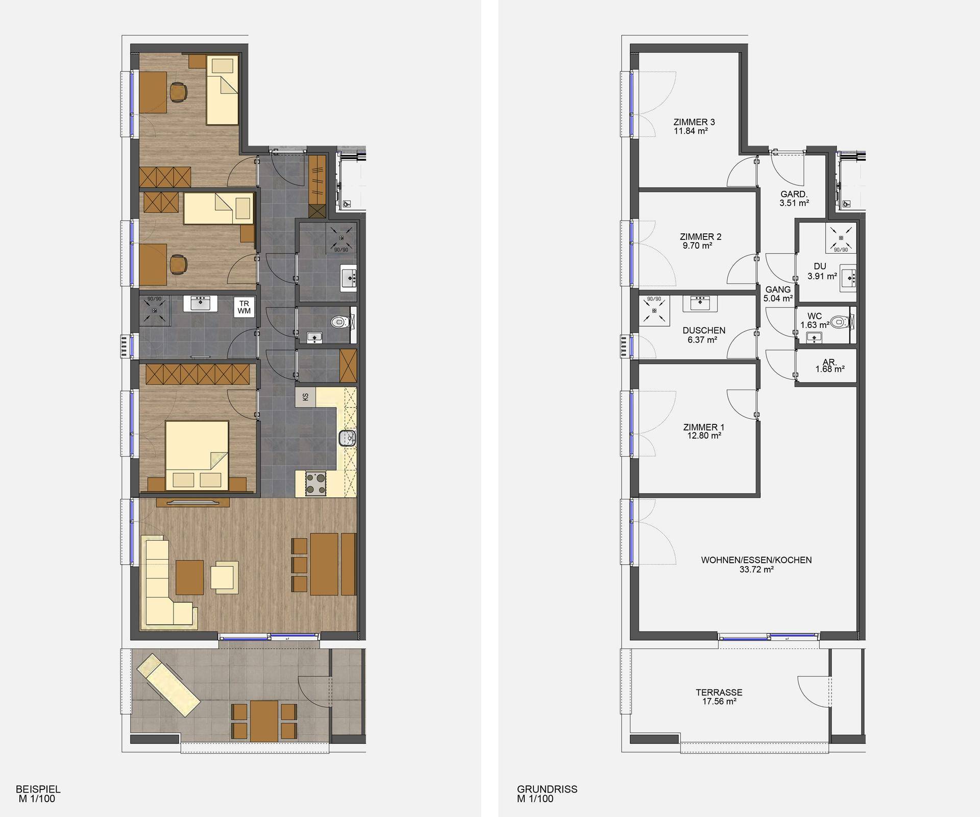 Grundriss einer Wohnung mit drei Zimmern, offenem Wohnbereich und einer großen Terrasse.