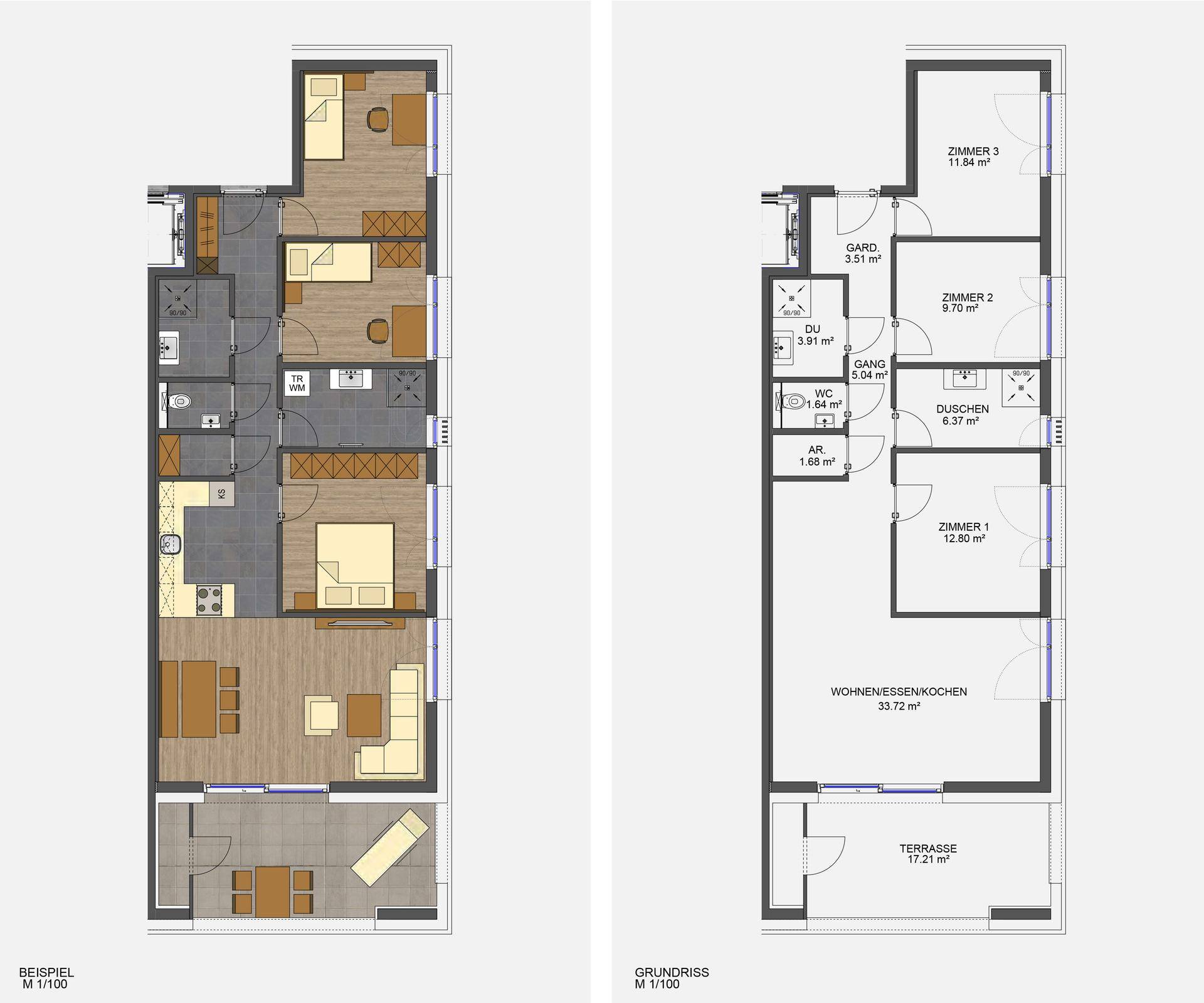 Zwei Grundrisse zeigen eine mögliche Möblierung und die Raumaufteilung einer Wohnung mit Terrasse.