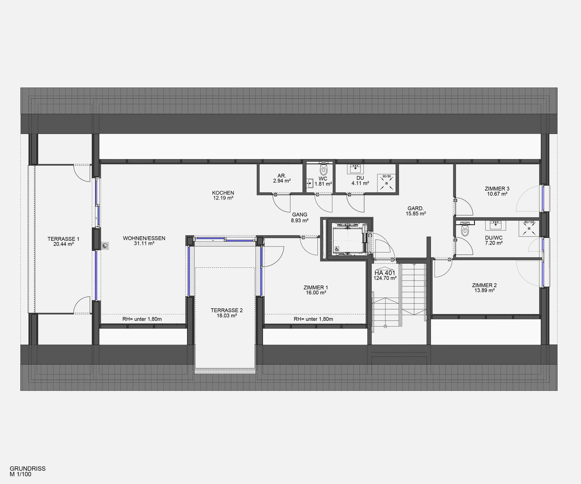 Detaillierter Grundriss einer Wohnung mit Wohn-Essbereich, drei Zimmern und zwei Terrassen.