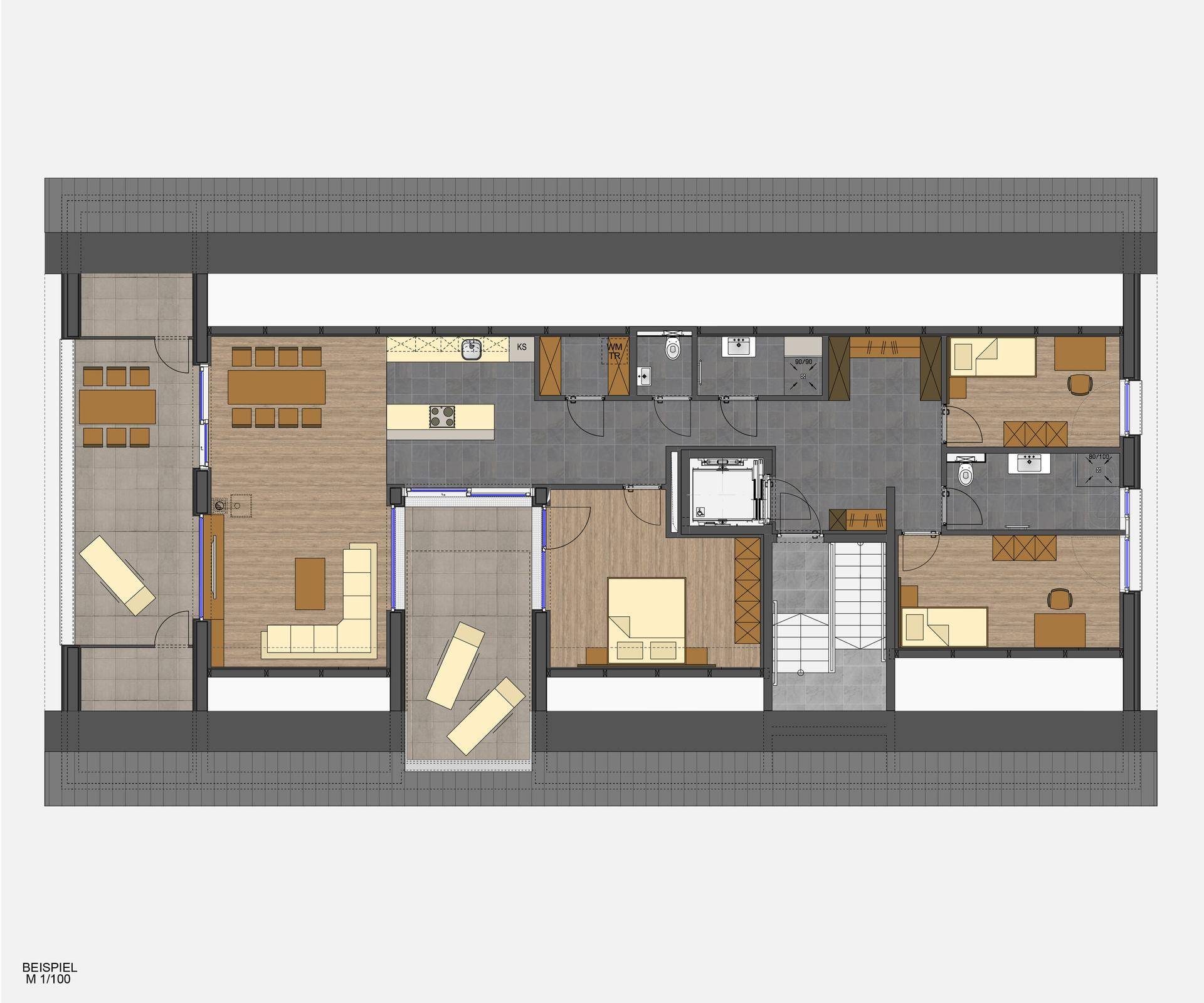 Beispielgrundriss einer Wohnung mit offenem Wohn-Essbereich, drei Schlafzimmern und zwei Terrassen.