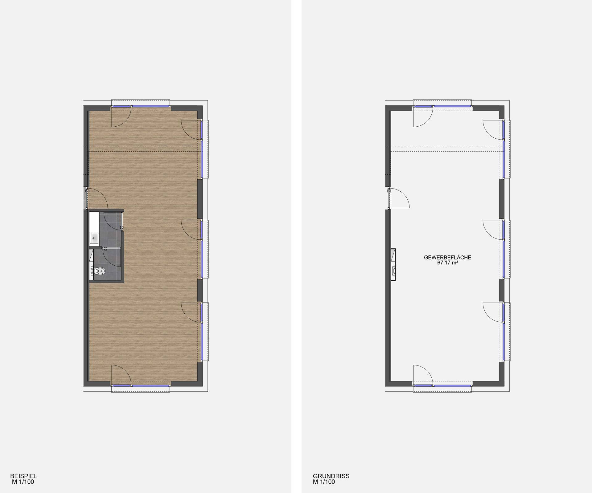 Grundriss zeigt zwei mögliche Layouts für eine Gewerbefläche mit Fensterfronten.