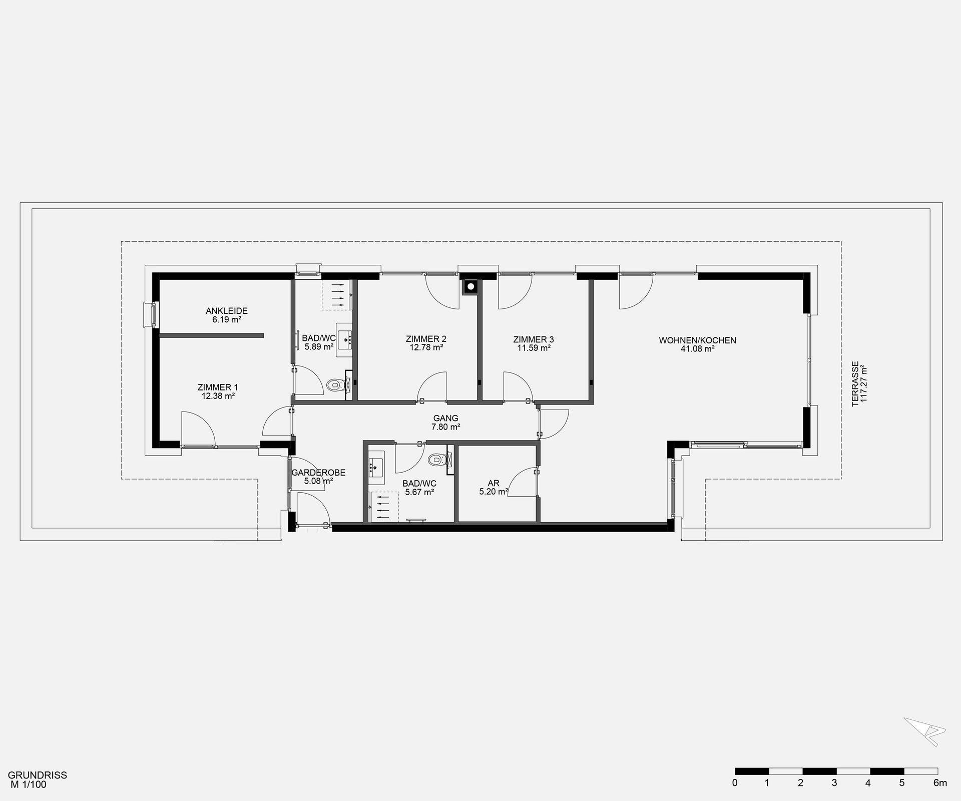 Grundriss einer Wohnung mit drei Zimmern, Wohnküche, zwei Bädern und einer großzügigen Terrasse.