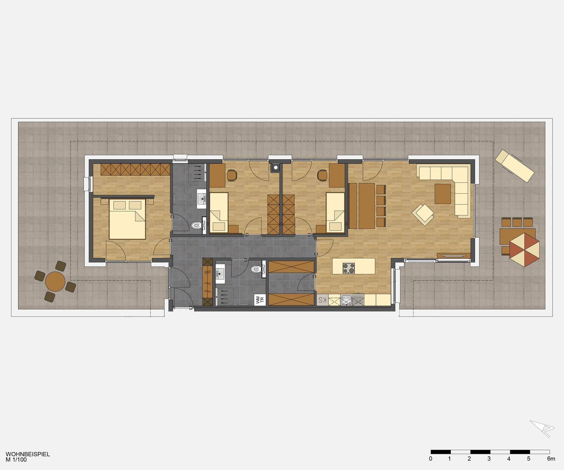 Möblierter Grundriss einer Wohnung mit offenem Wohnbereich, drei Schlafzimmern und großer Terrasse.