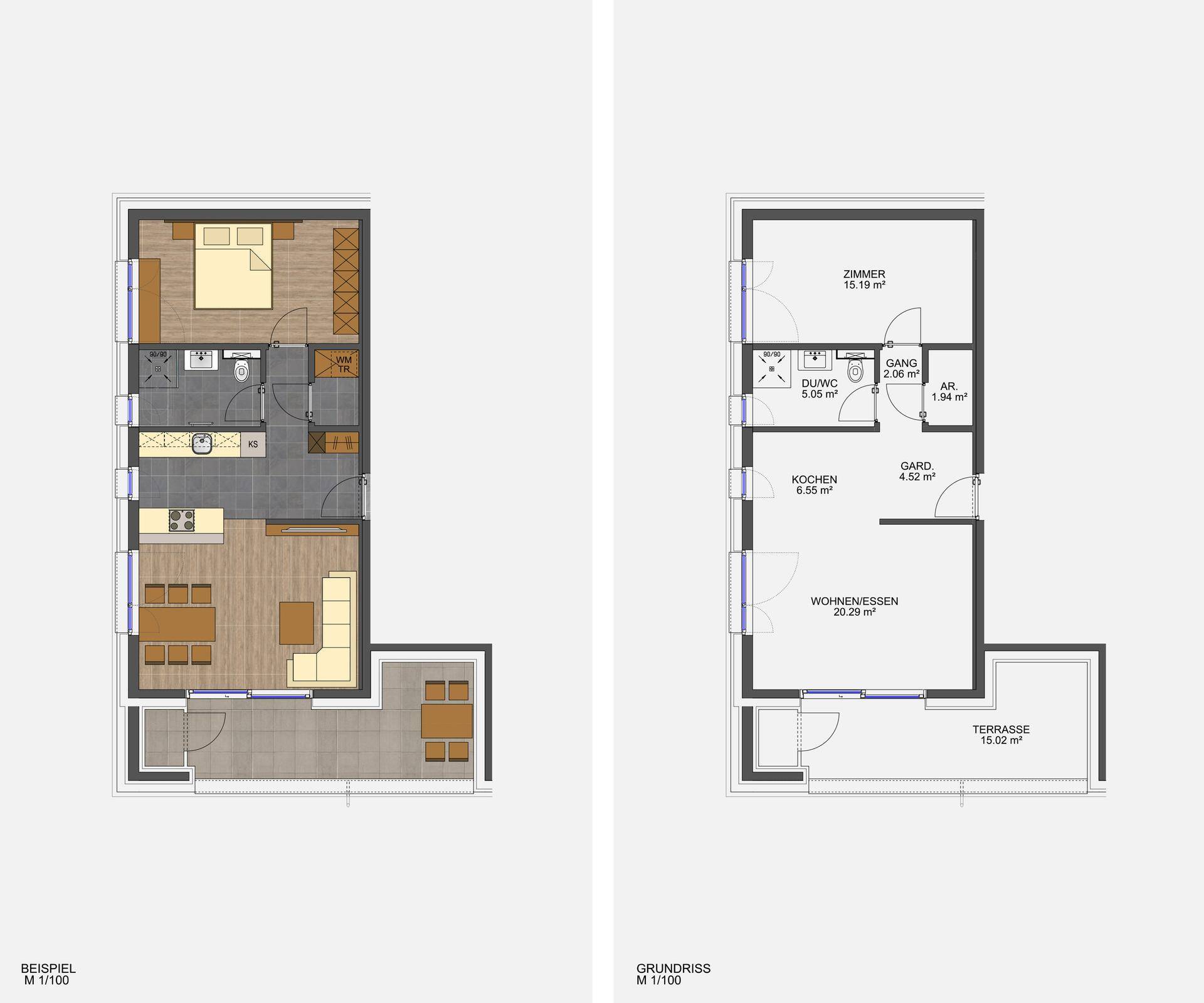 Detaillierter Grundriss einer Wohnung mit möblierter und unmöblierter Ansicht, zeigt die Raumaufteilung und Terrasse.
