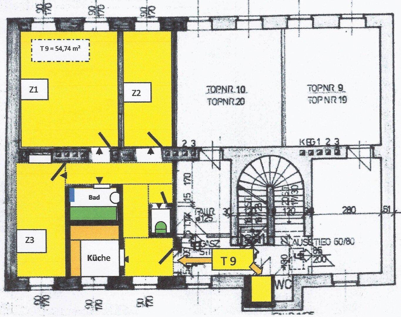 Grundriss der Wohnung T9 mit drei Zimmern, Küche und Bad, Gesamtfläche 54,74 m².