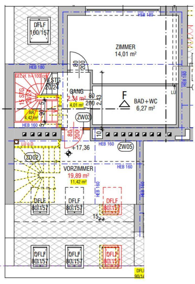 Grundriss der unteren Etage mit Zimmer, Bad und Vorzimmer, verbunden durch eine Treppe.