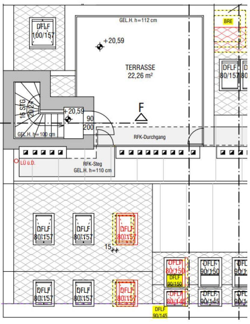 Grundriss der Dachterrasse mit Zugang von der oberen Etage und zusätzlichem Balkon.