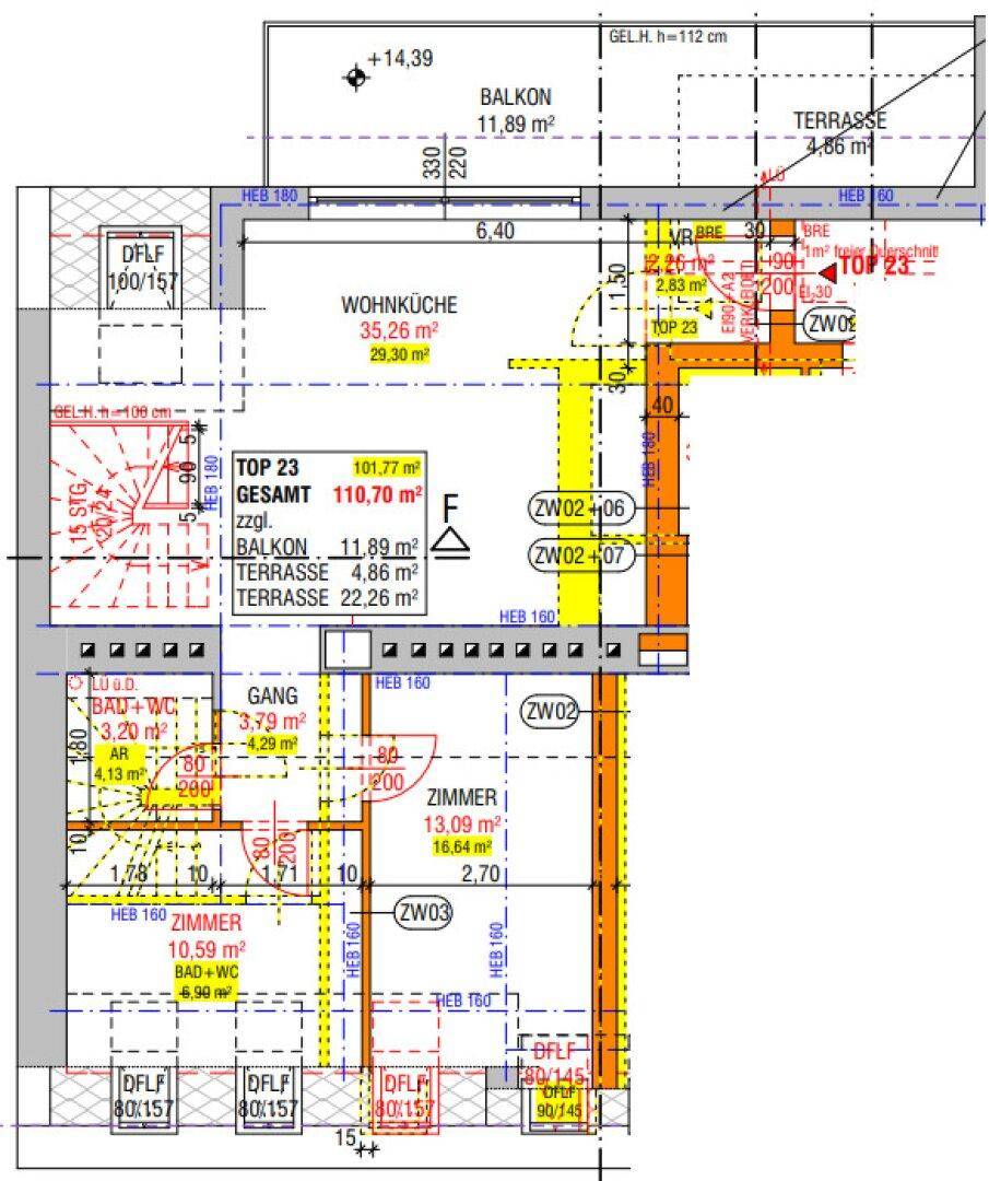 Grundriss der oberen Etage mit Wohnküche, zwei Zimmern, Balkon und Terrasse.